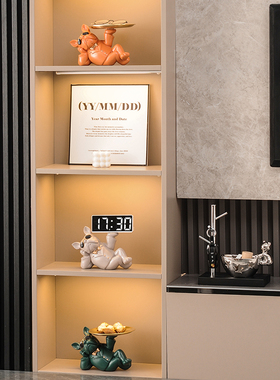 创意斗牛犬酒柜桌面电子台式钟表小闹钟时钟家用钥匙收纳托盘摆件