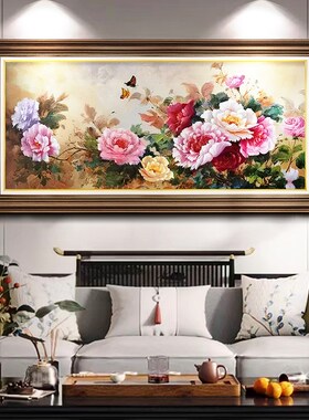 网红新中式客厅装饰画牡丹花美式沙发背景墙挂画横版大厅国风复古