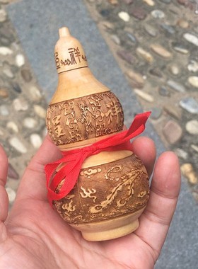 龙凤呈祥葫芦摆件桃木工艺品开盖空心太极八卦葫芦家居办公室装饰