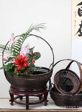 中华花艺竹编花篮藤编禅意传统中式插花器皿日式花道竹筒花艺篮子