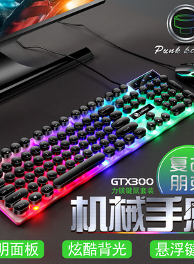 力镁GTX300朋克复古键盘背光游戏USB有线悬浮键鼠套装EBAY