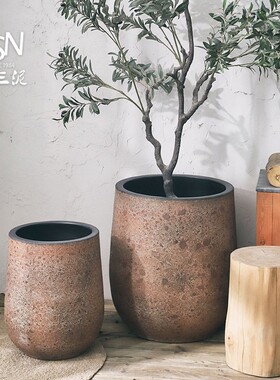御三泥北欧落地大花盆复古风红陶釉色花瓶绿植种植盆别墅客厅摆件