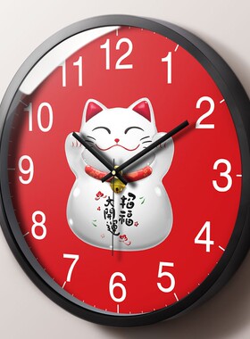 招财猫挂钟家用商店餐馆挂墙表红色喜庆静音时钟门市店铺客厅钟表