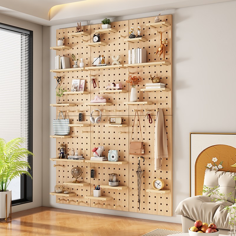 Solid wood hole board storage rack entrance wall decorative partition custom wall wooden storage rack