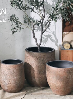 御三泥北欧落地大花盆复古风红陶釉色花瓶绿植种植盆别墅客厅摆件