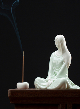 创意禅意家居景观茶桌面造景青瓷仕女香道摆件少女白瓷人物艺术品