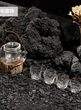 中式侘寂风陶瓷花瓣花器玻璃茶具套装组合摆件家居样板间软装饰品