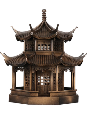 中式禅意古铜色建筑八角亭子木质摆件售楼部样板间博古架工艺品