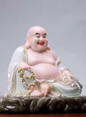 汉白玉弥勒佛招财摆件 新中式风格客厅供奉笑佛像 半手工制作