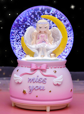 少女心雪花旋转水晶球音乐盒月亮天使女孩飘雪八音盒女孩生日礼物