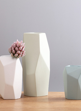 轻奢大理石纹绿色小花瓶陶瓷网红北欧宽口装饰摆件简约小清新多肉