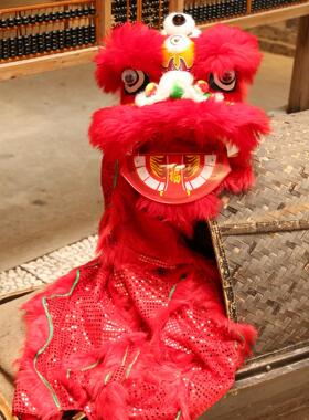 二人舞狮少年眼睛可眨眼雄狮南师红色带尾巴非遗羊毛醒狮子头摆件