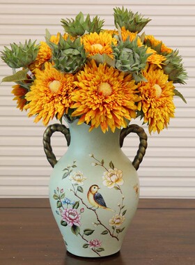 美式餐桌装饰花瓶 欧式复古玄关家居摆设工艺品 陶瓷双耳大花瓶