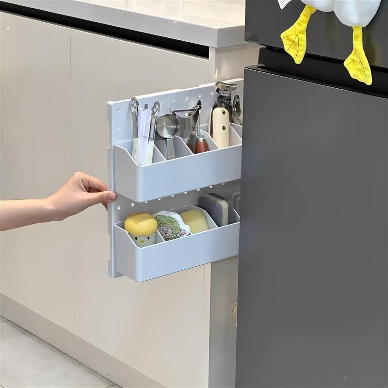 Kitchen perforated board storage rack refrigerator gap storage cabinet door rear slide rail pull-out rack wall-mounted organizing artifact