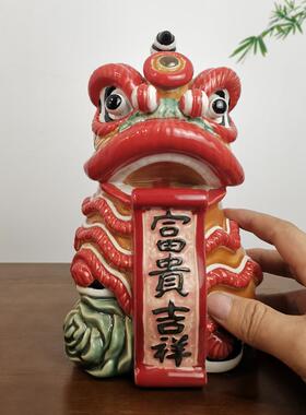 美陶《狮舞升平》石湾公仔 客厅电视柜中式陶瓷醒狮工艺礼品摆件