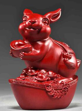 红色实木雕刻兔子摆件木头十二生肖木兔家居客厅装饰红木工艺品