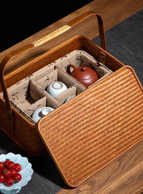 手工竹编茶具收纳盒中式双层食盒长方形带盖子提盒大漆提篮覆古茶
