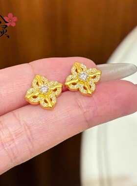 四叶草十字架耳钉女款越南沙金古法四叶草耳钉日常百搭高级感设计
