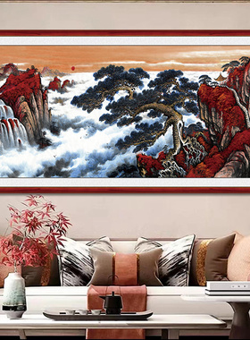 鸿运当头国画旺财山水画客厅挂画自粘装饰画布料背景墙靠山图贴画