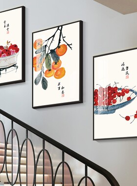 新中式楼梯间装饰画三联花鸟主题背景墙挂画可客制化楼道壁画60*8