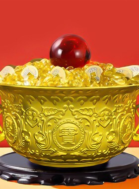 纯黄铜聚宝盆摆件招财聚财铜制聚宝盆五色石客厅店铺家居饰品摆设