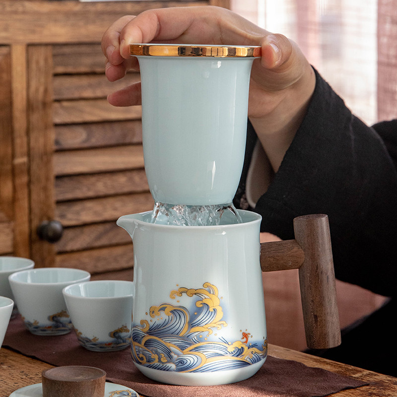 Wave travel tea set for outdoor use Tianna portable camping tea set ceramic quick cup five cups wooden handle