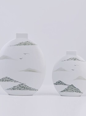 新中式陶瓷水墨纹圆形花瓶售楼处玄关客厅博古架吧台酒柜装饰摆件