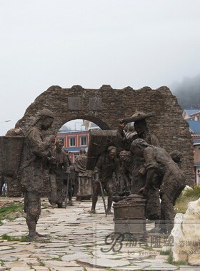玻璃钢仿马茶铜古道主题雕塑运输驮马商队人物户像雕外景观园摆件