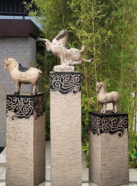 中式祥云展示柱复古客厅摆件禅型落地底座大院庭意玄关招财石柱