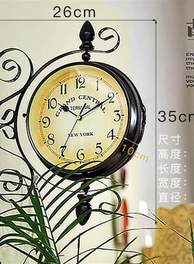 欧式铁艺双面挂钟创意美式钟表酒吧餐厅咖啡馆壁饰墙饰复古时钟