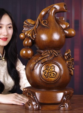 福禄葫芦摆件实木雕刻招财中式装饰祝寿礼品客厅玄关电视柜工艺品