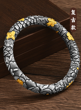 镯大师足银999国风开口圆棍手镯