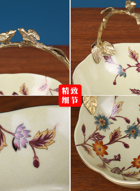 钥匙收纳摆件欧式果盘装饰品陶瓷轻奢家用摆设工艺盘陶瓷配铜