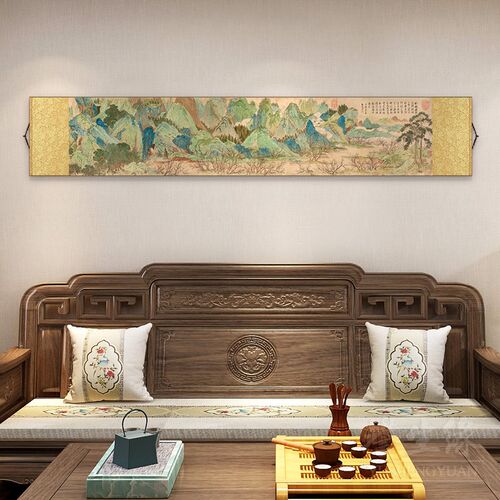 仇英桃花源图中式丝绸卷轴挂画卧室客厅背景墙装饰画餐厅书房壁画 - 图3