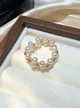 温柔淡水珍珠戒指女轻奢小众设计高级感手工编织弹力戒百搭食指环