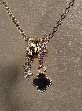 中古黑色四叶花满钻跑环项链