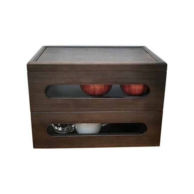 Chinese tea set desktop storage box multi-functional exquisite box bamboo double layer stackable portable tea cup storage cabinet
