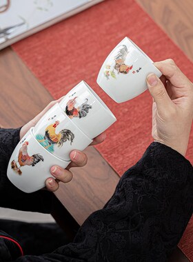 功夫茶杯套装杯子陶瓷茶具家用简约大号主人杯喝茶公鸡杯松鹤茶碗