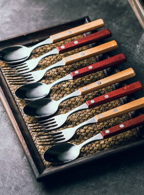 不锈钢木柄叉勺创意水果叉甜品勺子吃饭勺搅拌勺餐厅家用餐具用品