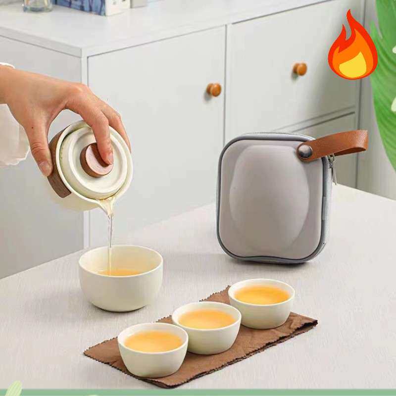 Ru kiln travel tea set set one pot four cups portable outdoor quick cup kung fu teapot teacup printed logo