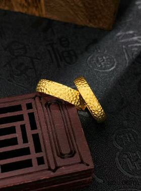 999足金黄金实心锤纹对戒情侣款