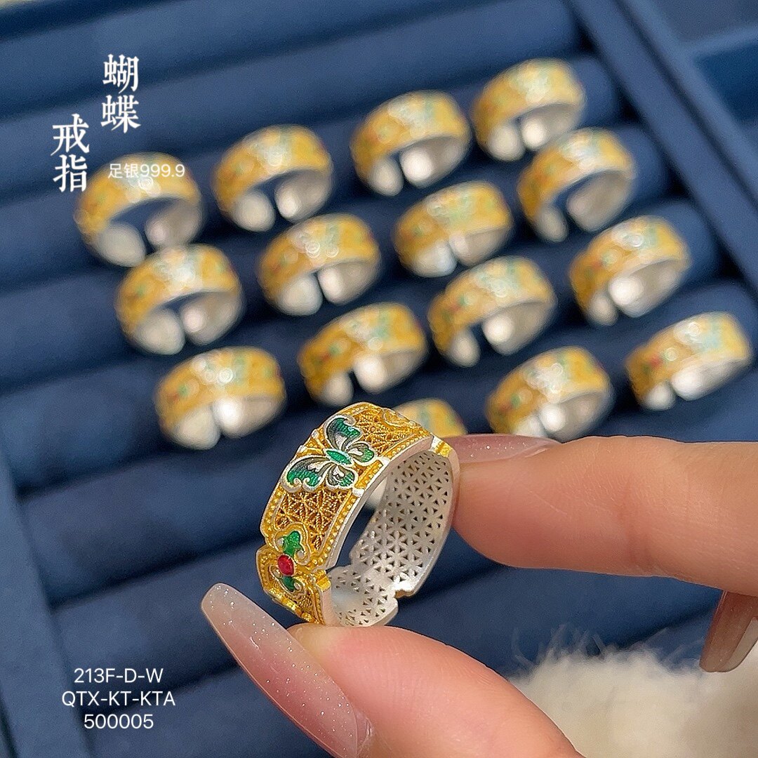 Pure silver 999.9 enamel butterfly gold ring for women