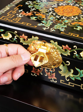 永隆号平遥推光漆器金绿色缠枝莲两边弧非遗首饰盒收藏品25cm漆言