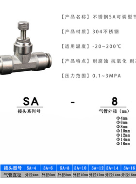 304不锈钢气动接头SA节流阀接头4/6/8/10/12管道快速调节限流阀