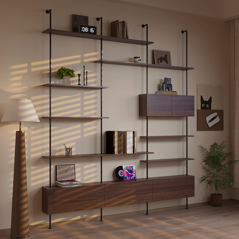 意式极简书架隔板展示架中古风客厅陈列铁艺置物架一体式靠墙书柜