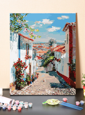 数字油画diy手工填充花房小镇风景画手绘消磨时间画画涂色油彩画