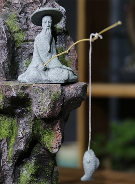 钓鱼翁小摆件中式微缩景观造景装饰摆设假山盆景布景配件创意趣味