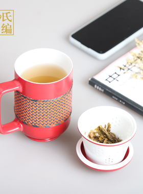 刘氏竹编纯手工竹丝扣瓷那年彩办公茶杯水杯便携茶具伴手商务礼品
