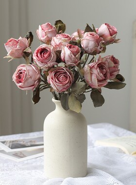 法式焦边玫瑰仿真花高档客厅花束假花摆件餐桌花干花装饰道具摆设