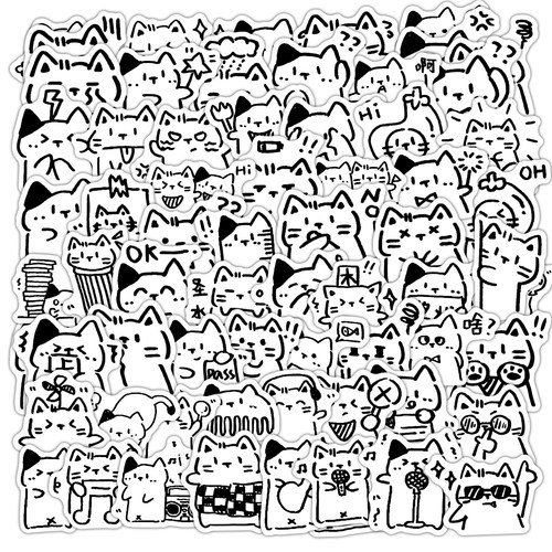 216张ins风简约黑白简笔画小猫贴纸包手绘线条搞怪猫咪贴画手账咕卡行李箱手机壳防水不干胶装饰贴画 - 图3
